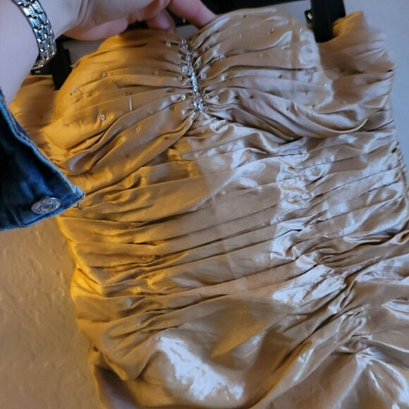 Lenovia Strapless Gold Ruched Gown With Bead Accents & Corset Back Formal Dress - Picture 2 of 9